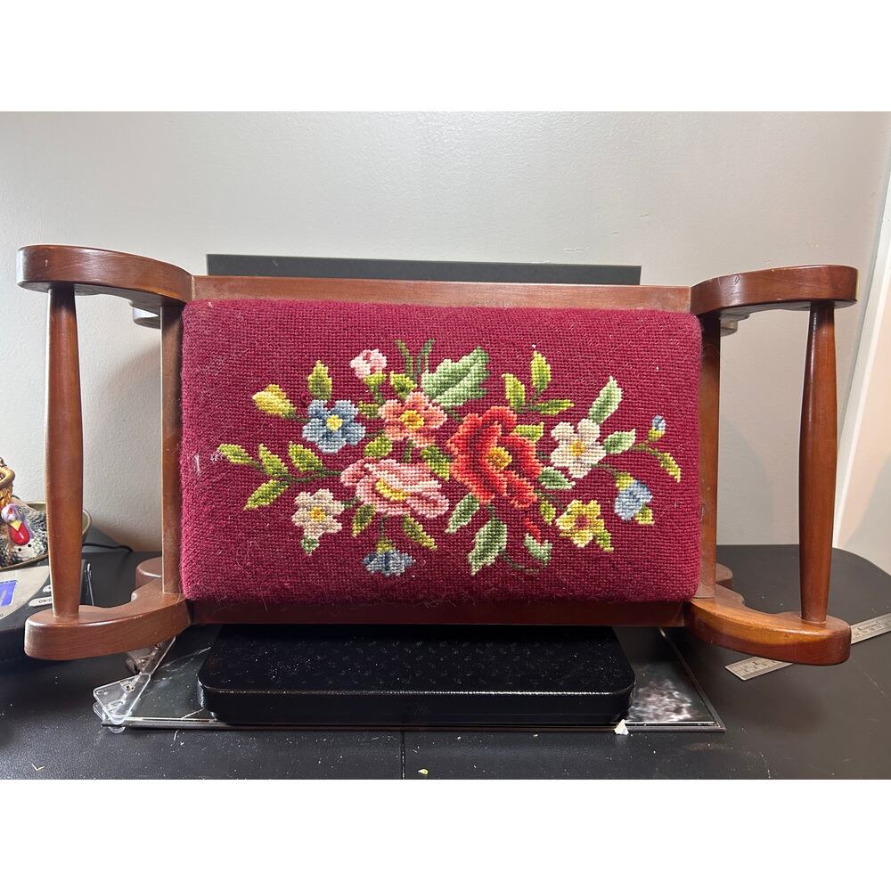 1032. Vintage Needlepoint Footstool - Red